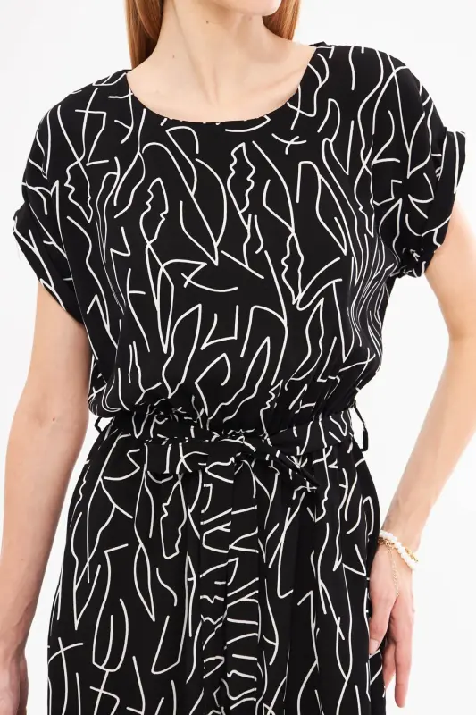 Women's Black and White Elastic Waist Tie Detailed Patterned Dress ARM-22Y001044-Black - 5