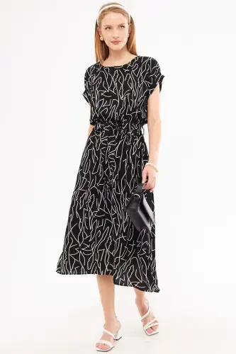 Women's Black and White Elastic Waist Tie Detailed Patterned Dress ARM-22Y001044-Black - 1