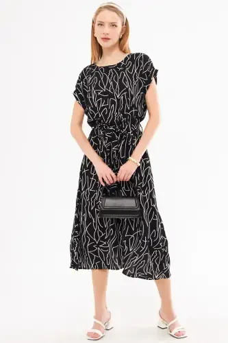 Women's Black and White Elastic Waist Tie Detailed Patterned Dress ARM-22Y001044-Black - Modazone (1)