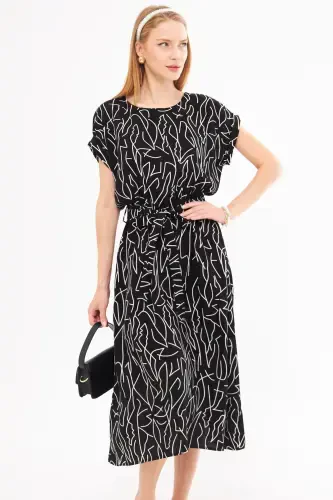 Women's Black and White Elastic Waist Tie Detailed Patterned Dress ARM-22Y001044-Black - 3