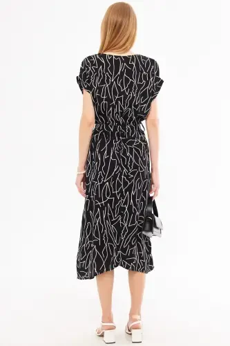 Women's Black and White Elastic Waist Tie Detailed Patterned Dress ARM-22Y001044-Black - 5