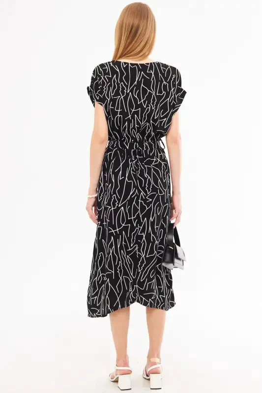 Women's Black and White Elastic Waist Tie Detailed Patterned Dress ARM-22Y001044-Black - 5
