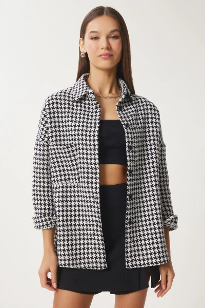 Women's Black and White Houndstooth Oversized Wool Blend Shirt Jacket BH00300 - HAPPINESS İSTANBUL