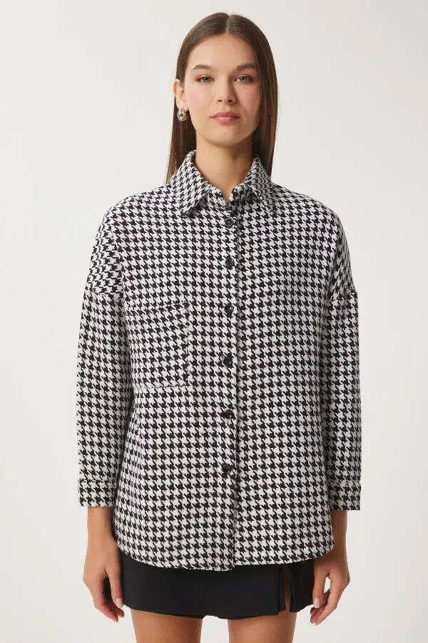 Women's Black and White Houndstooth Oversized Wool Blend Shirt Jacket BH00300 - 2
