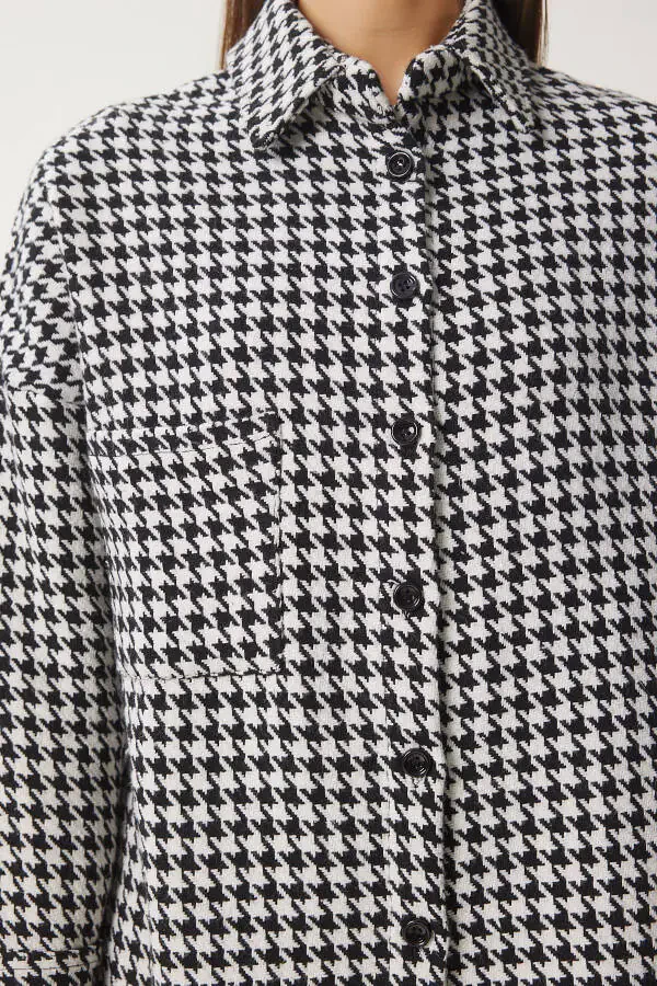Women's Black and White Houndstooth Oversized Wool Blend Shirt Jacket BH00300 - 3