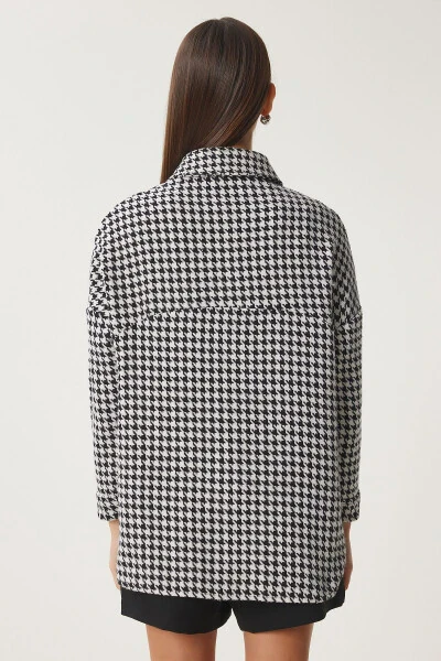 Women's Black and White Houndstooth Oversized Wool Blend Shirt Jacket BH00300 - 5