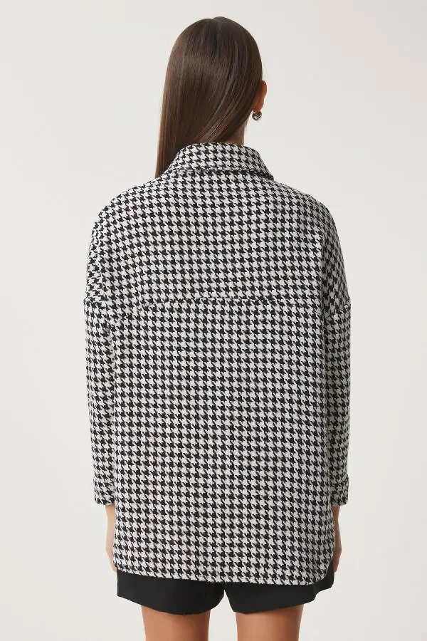 Women's Black and White Houndstooth Oversized Wool Blend Shirt Jacket BH00300 - 5