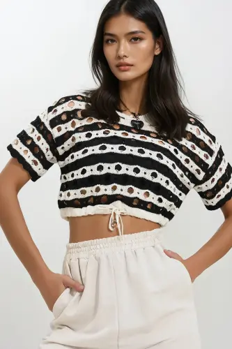 Women's Black and White Lace-Up Crop Knit Top with Drawstring Waist Alc-X11764 - 1