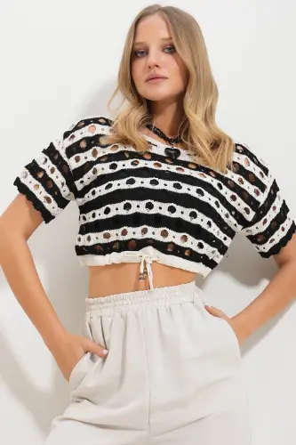 Women's Black and White Lace-Up Crop Knit Top with Drawstring Waist Alc-X11764 - 4