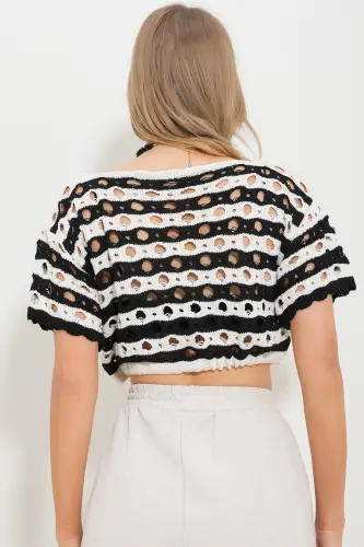 Women's Black and White Lace-Up Crop Knit Top with Drawstring Waist Alc-X11764 - 6