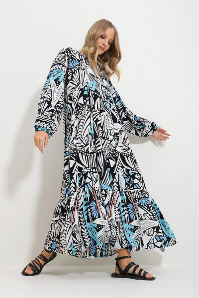 Women's Black and White Mandarin Collar Shawl Pattern Maxi Dress Alc-X11593 - TREND ALAÇATI STILI (1)