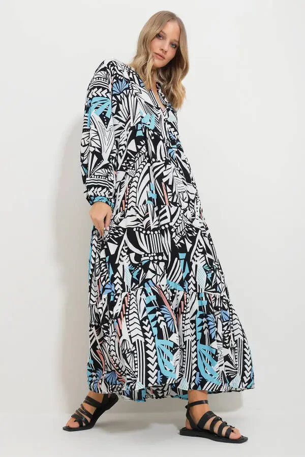 Women's Black and White Mandarin Collar Shawl Pattern Maxi Dress Alc-X11593 - 3