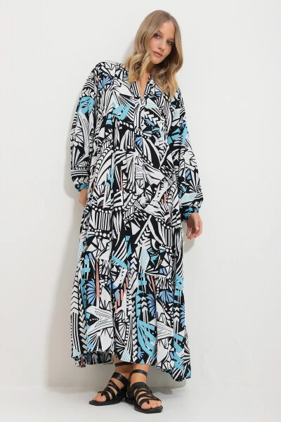 Women's Black and White Mandarin Collar Shawl Pattern Maxi Dress Alc-X11593 - 4