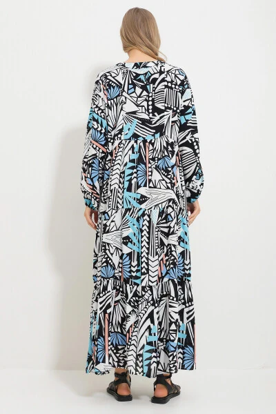 Women's Black and White Mandarin Collar Shawl Pattern Maxi Dress Alc-X11593 - 5