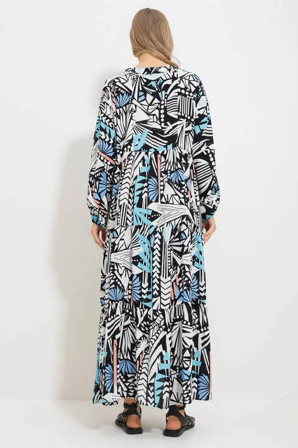 Women's Black and White Mandarin Collar Shawl Pattern Maxi Dress Alc-X11593 - 5