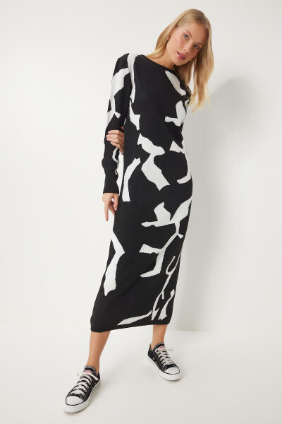 Women's Black and White Patterned Long Knit Dress JG00001 - 3