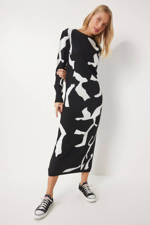 Women's Black and White Patterned Long Knit Dress JG00001 - 3