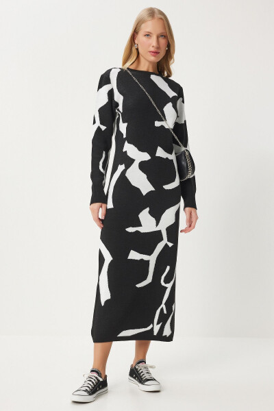 Women's Black and White Patterned Long Knit Dress JG00001 - 4