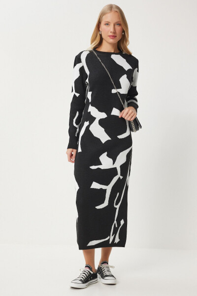 Women's Black and White Patterned Long Knit Dress JG00001 - 5