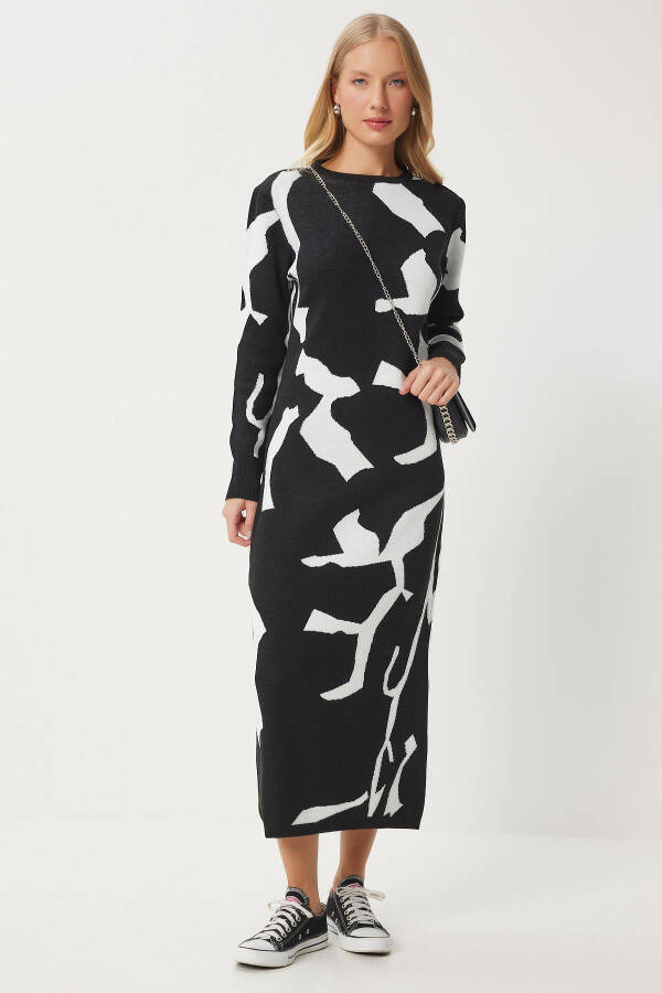 Women's Black and White Patterned Long Knit Dress JG00001 - 5