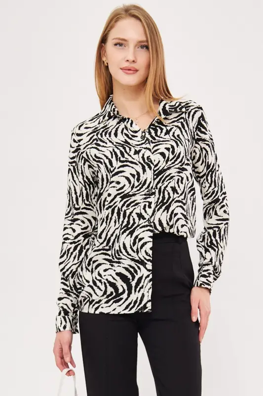 Women's Black and White Patterned Long Sleeve Shirt ARM-25K0 - 1