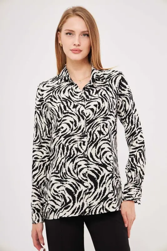 Women's Black and White Patterned Long Sleeve Shirt ARM-25K0 - 2