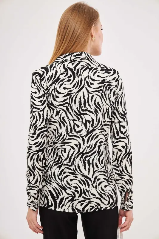 Women's Black and White Patterned Long Sleeve Shirt ARM-25K0 - 4