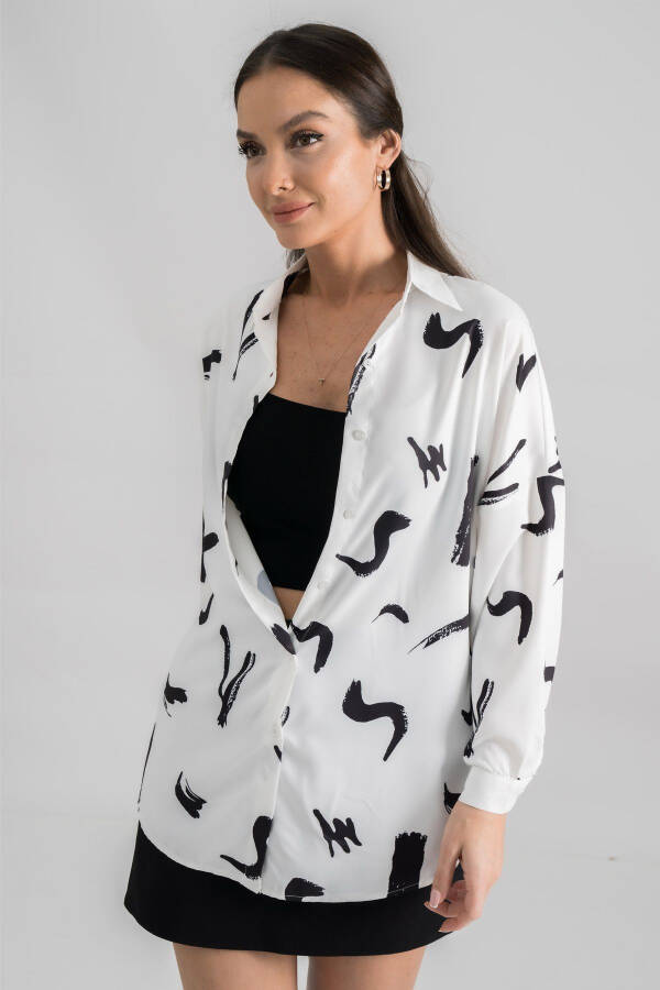 Women's Black and White Patterned Oversized Long Basic Shirt ARM-22Y001148 - 1