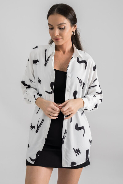 Women's Black and White Patterned Oversized Long Basic Shirt ARM-22Y001148 - 2