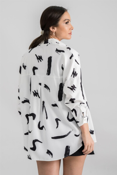 Women's Black and White Patterned Oversized Long Basic Shirt ARM-22Y001148 - 3