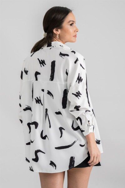 Women's Black and White Patterned Oversized Long Basic Shirt ARM-22Y001148 - 6