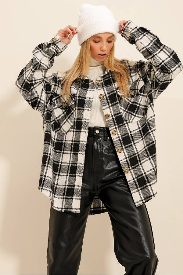 Women's Black and White Plaid Wool Cotton Oversize Safari Jacket Shirt ALC-X7142 - 3