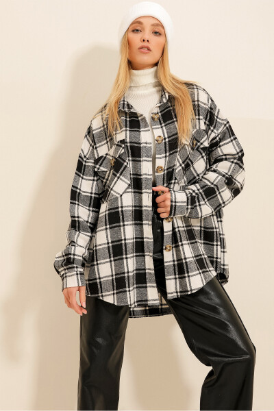 Women's Black and White Plaid Wool Cotton Oversize Safari Jacket Shirt ALC-X7142 - 4