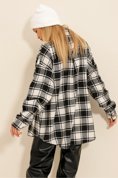 Women's Black and White Plaid Wool Cotton Oversize Safari Jacket Shirt ALC-X7142 - 6