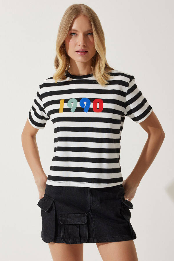 Women's Black and White Printed Striped Knitted T-Shirt AN00181 - 1