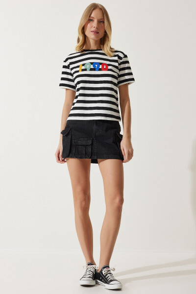 Women's Black and White Printed Striped Knitted T-Shirt AN00181 - 5