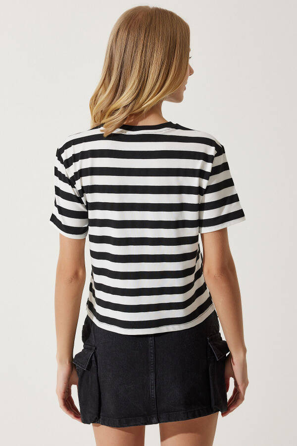 Women's Black and White Printed Striped Knitted T-Shirt AN00181 - 7
