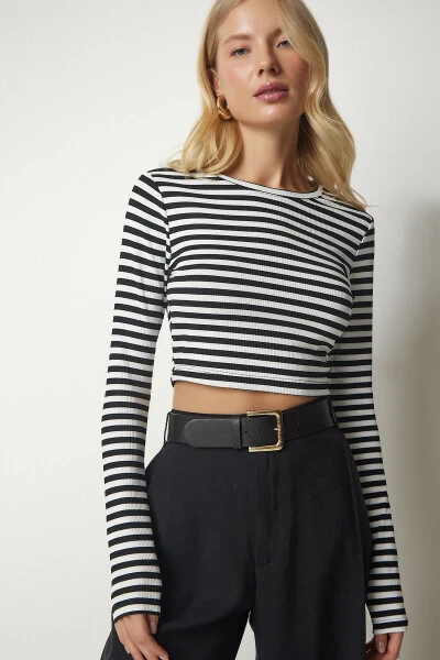 Women's Black and White Striped Corset Crop Blouse MC00229 - HAPPINESS İSTANBUL