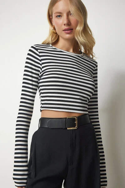 Women's Black and White Striped Corset Crop Blouse MC00229 - 3