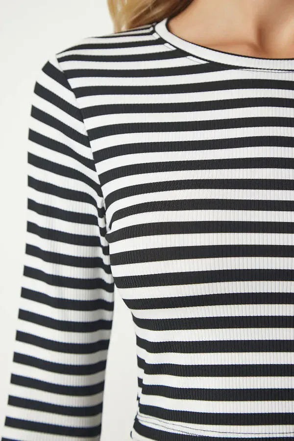 Women's Black and White Striped Corset Crop Blouse MC00229 - 4