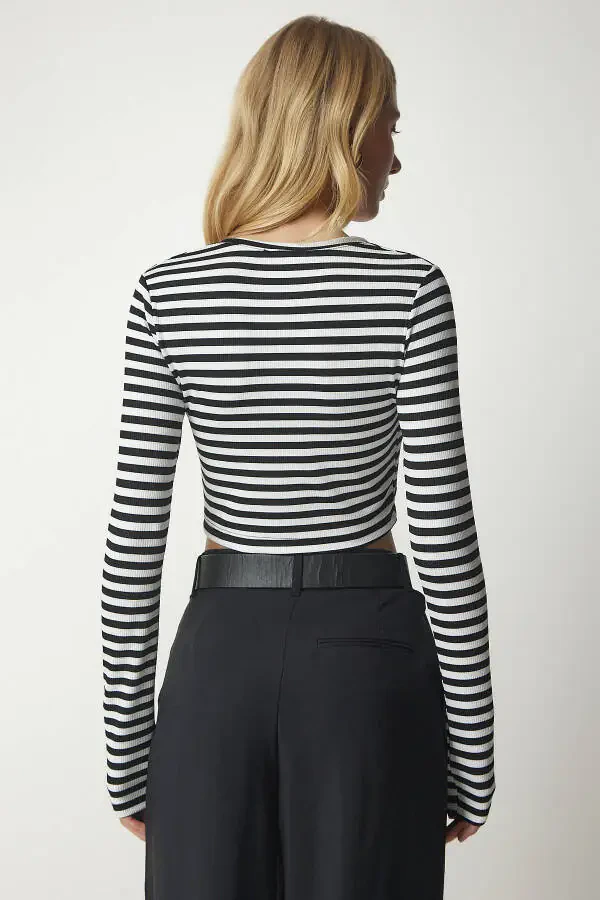 Women's Black and White Striped Corset Crop Blouse MC00229 - 5