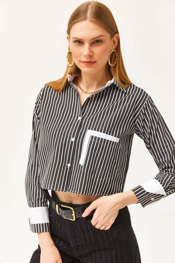 Women's Black and White Striped Crop Shirt with Pocket and Cuff Details GML-19001169 - 1