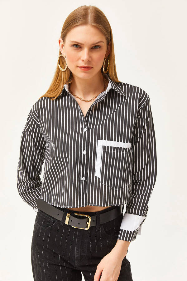 Women's Black and White Striped Crop Shirt with Pocket and Cuff Details GML-19001169 - 2