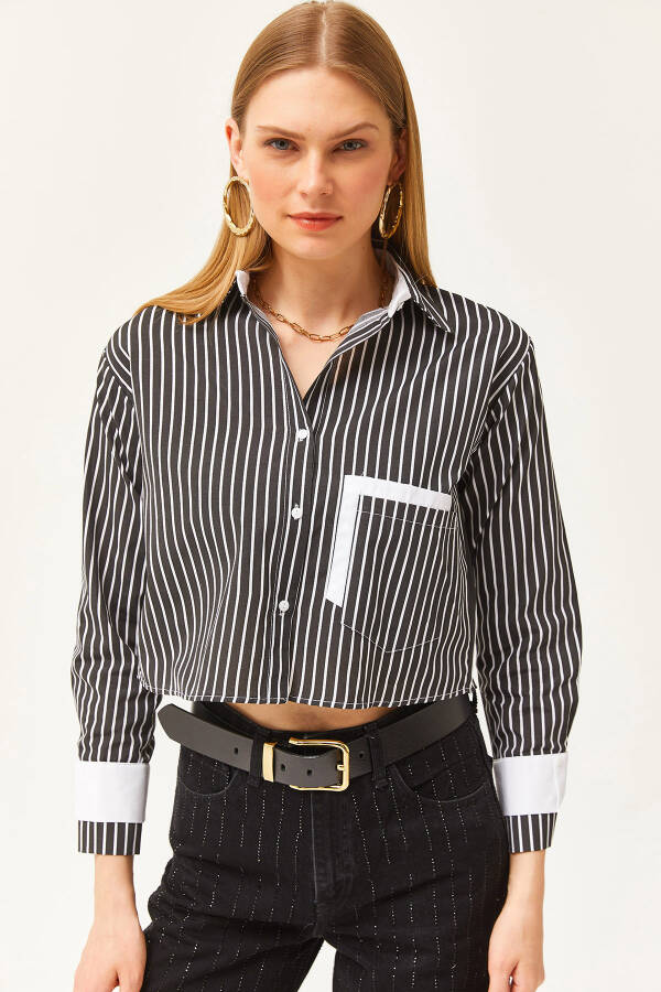 Women's Black and White Striped Crop Shirt with Pocket and Cuff Details GML-19001169 - 3