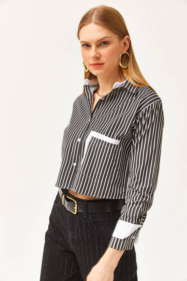 Women's Black and White Striped Crop Shirt with Pocket and Cuff Details GML-19001169 - 4