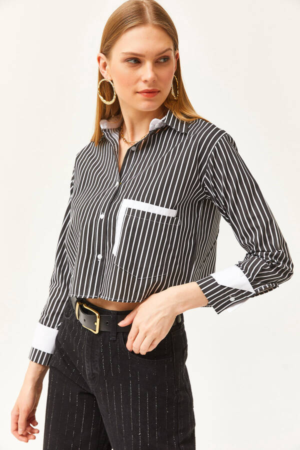 Women's Black and White Striped Crop Shirt with Pocket and Cuff Details GML-19001169 - 5