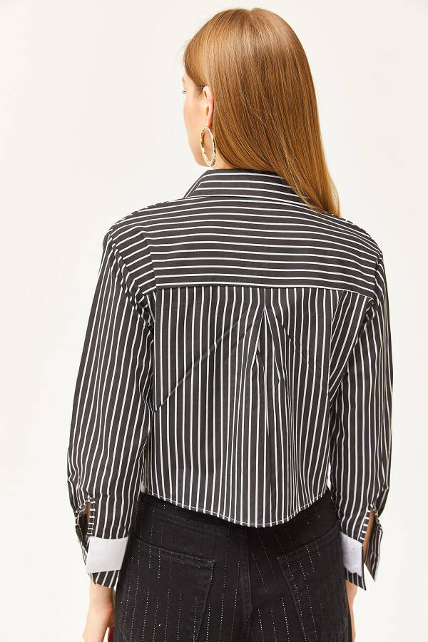 Women's Black and White Striped Crop Shirt with Pocket and Cuff Details GML-19001169 - 6