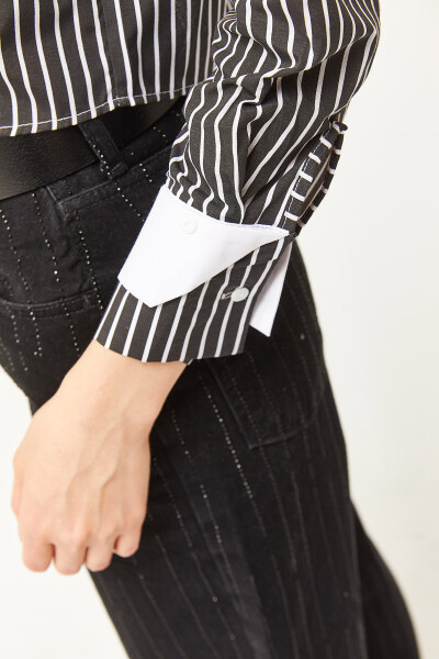 Women's Black and White Striped Crop Shirt with Pocket and Cuff Details GML-19001169 - 7