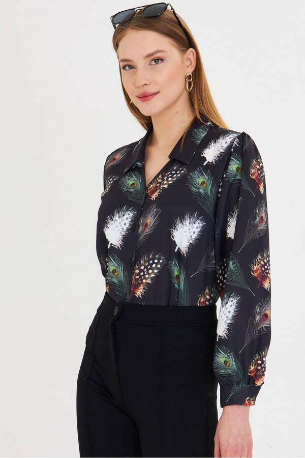 Women's Black and White V-Neck Balloon Sleeve Patterned Shirt - 1