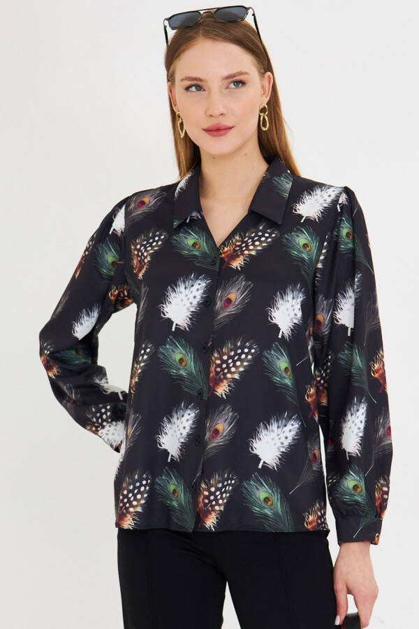 Women's Black and White V-Neck Balloon Sleeve Patterned Shirt - 2